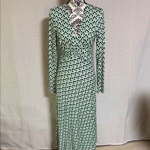 Boden Green and White Long Sleeve Wrap-Style Midi Maxi Dress 8R